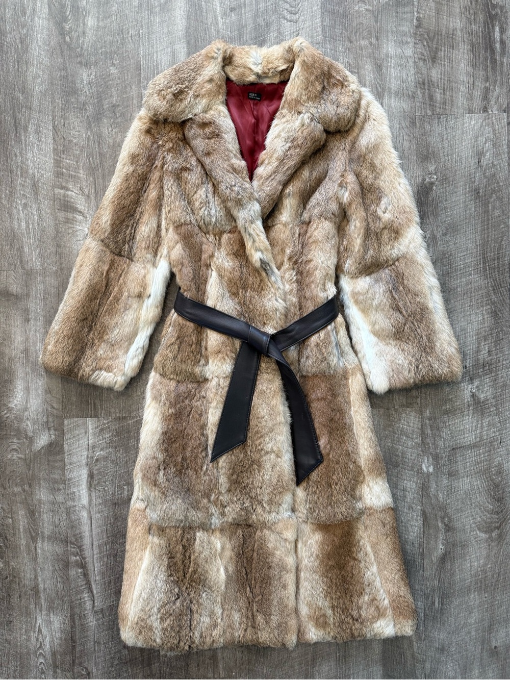 Vintage Long Brown Rabbit Fur Wrap Ladies Satin Lined Belted Coat - Medium